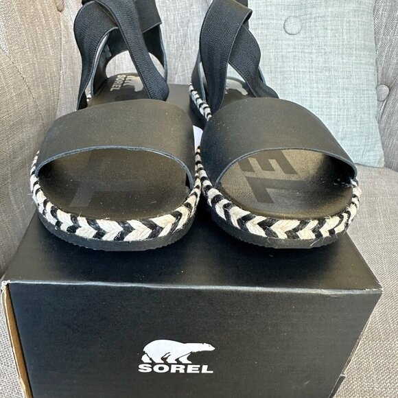 Sorel Sandals Womens 9.5 Black White ELLA II Ankle Strap Leather Shoes NIB - Picture 4 of 7